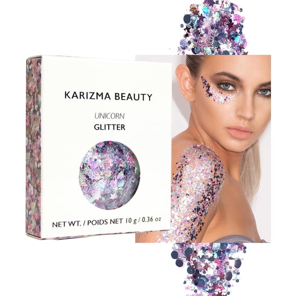 Brillo Unicornio KARIZMA. 10 g de brillo facial grueso, brillo para el cabello, brillo para ojos y brillo corporal para mujeres. Accesorios Rave Glitter Festival Maquillaje cosmético con purpurina. Co