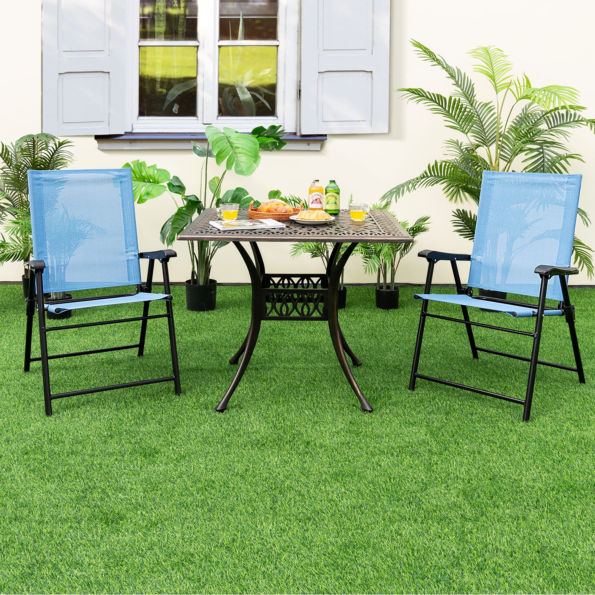 Gymax Patio Metal Outdoor Cozy and Breathable Folding Chairs, Blue "1 Set of 2"
