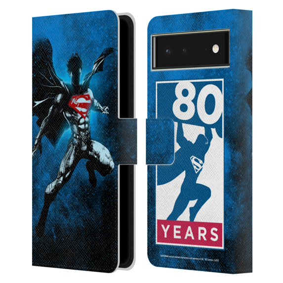 Head Case Designs Officially Licensed Superman DC Comics 80th Anniversary Splatter Leather Book Wallet Case Cover Compatible with Google Pixel 6
