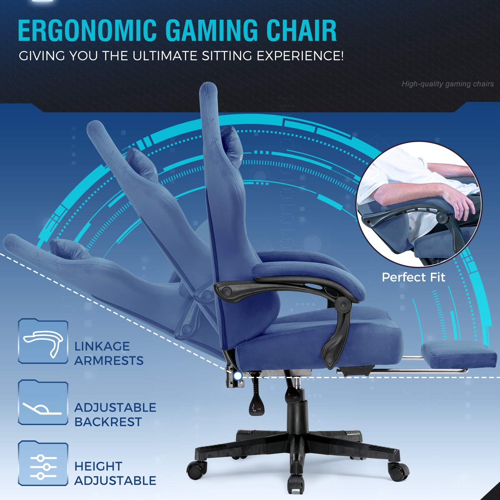 GTPLAYER Big & Tall Fabric Swivel Gaming Office Chair with Pocket Spring Cushion and Footrest, Blue