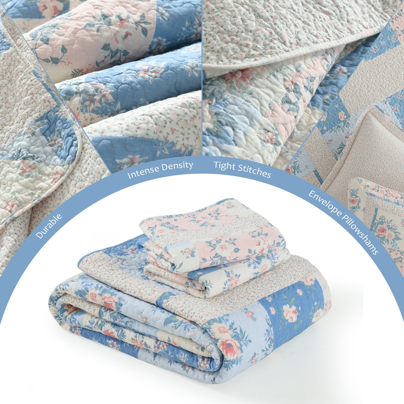 DUOHONG King Bedspread 120"W x 120"L - 100% Cotton Reversible Lightweight Oversized Quilt with 2 Pillow Shams, Blue/Cream White