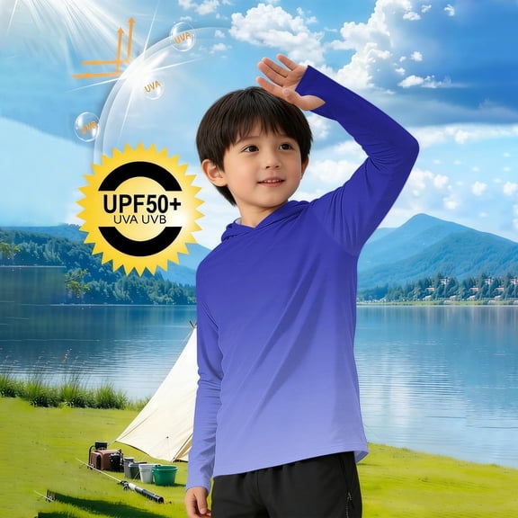 Xdegoge Teens Boys UV Sun Shirt Long Sleeve Hooded Protection Tops With Thumb Holes Solid Pattern Silky Soft Breathable Summer Outdoor Active Hiking Pullover