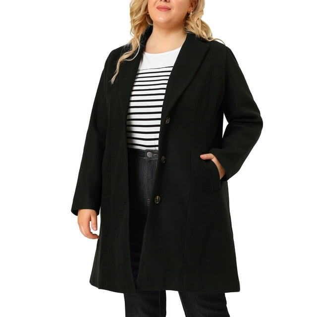 GRACE & GRANDEUR Manteau pour Femme Grande Taille à Revers Cranté, Boutonnage Simple, Caban Mi-Long