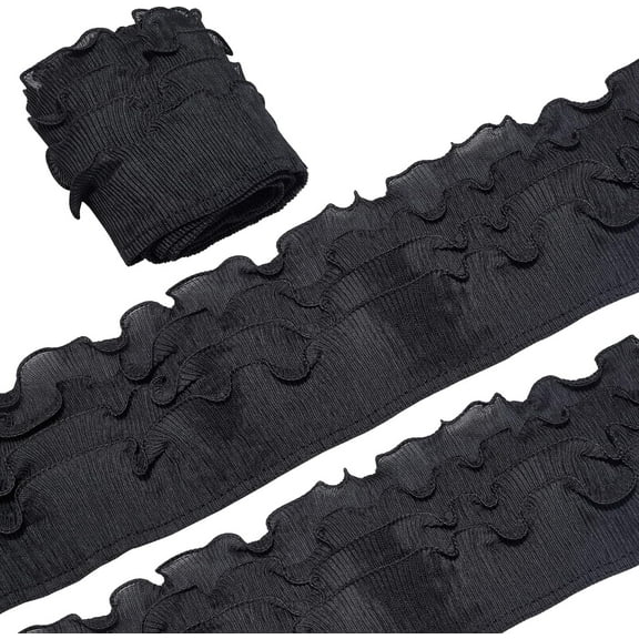 2 Yards Pleated Chiffon Lace Trim Black 4-3/8 inch(110mm)