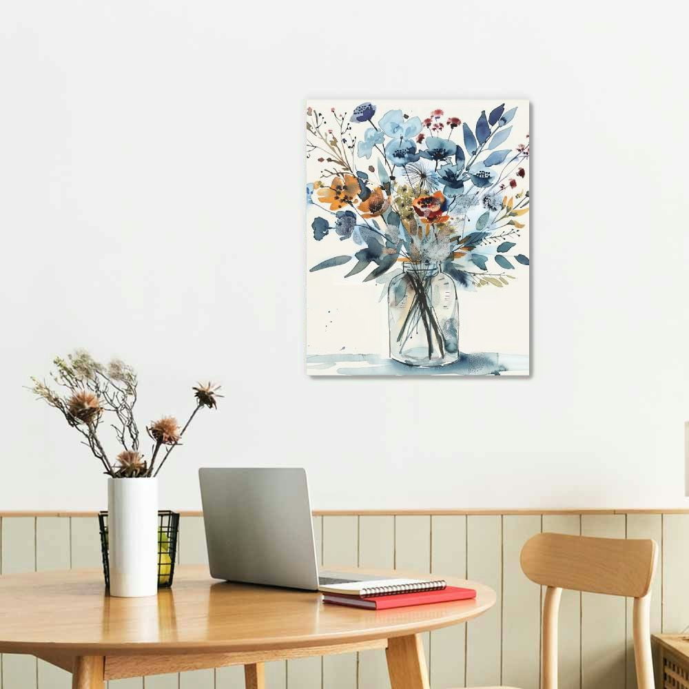 ONETECH Navy Flowers Canvas Wall Art Watercolor Style Abstract Floral Pictures for Bathroom Wall Decor Elegant Botanical Canvas Painting Modern Indigo Blue Simple Life Canvas Print Artwork Decoration