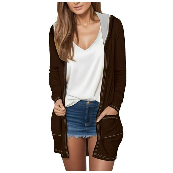 felwors Long Cardigans Sweaters for Women, 2025 Fall Lightweight Trendy Casual Comfy, Open Front Hooded Cardigans with Pocket Coffee, S