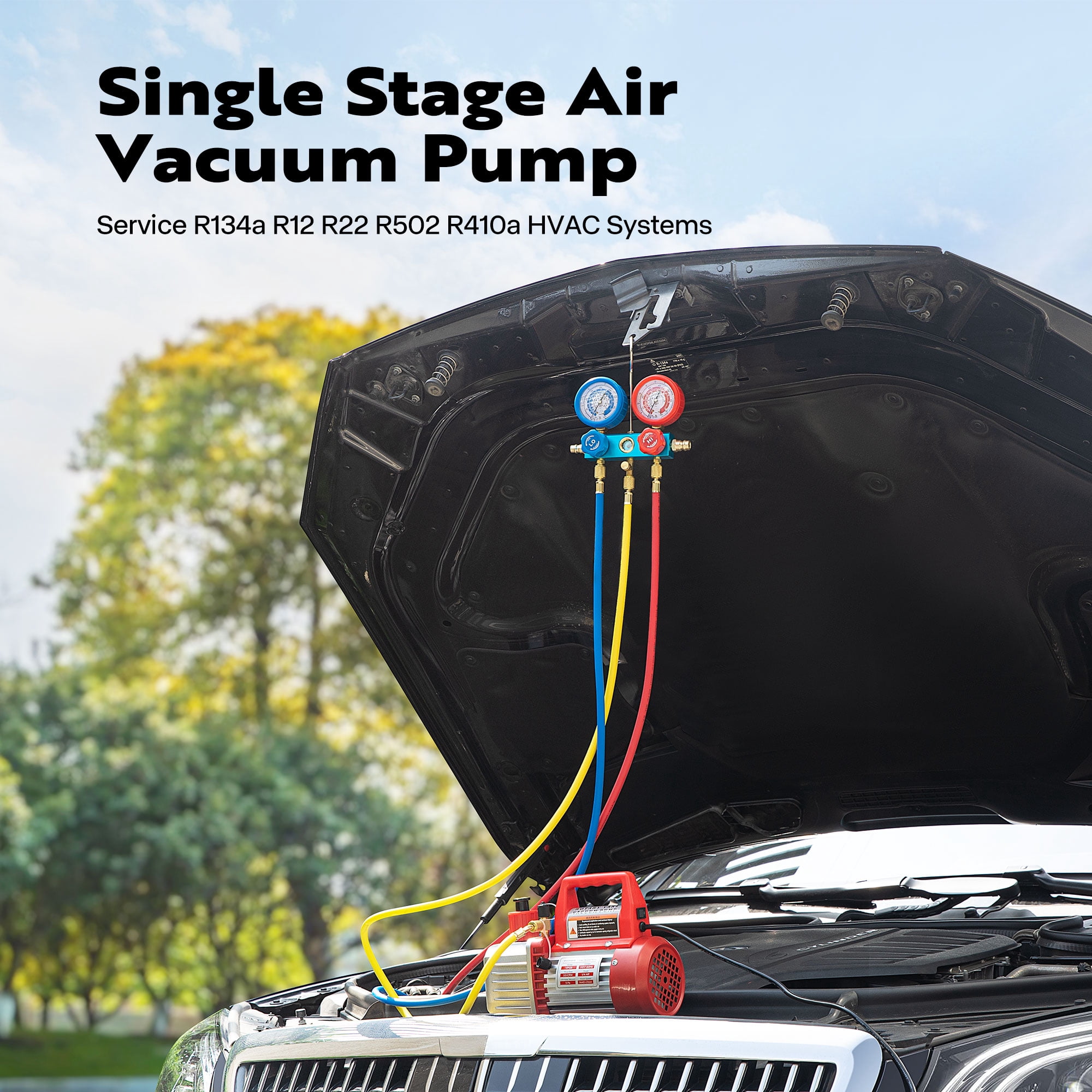 SPECSTAR 110V 1/3 HP 4CFM Single Stage Rotary Vane Air Vacuum Pump and AC Manifold Gauge Set Kit with Leak Detector for R134a R12 R22 R502 R410a HVAC Air Conditioning Refrigeration Recharging, Red