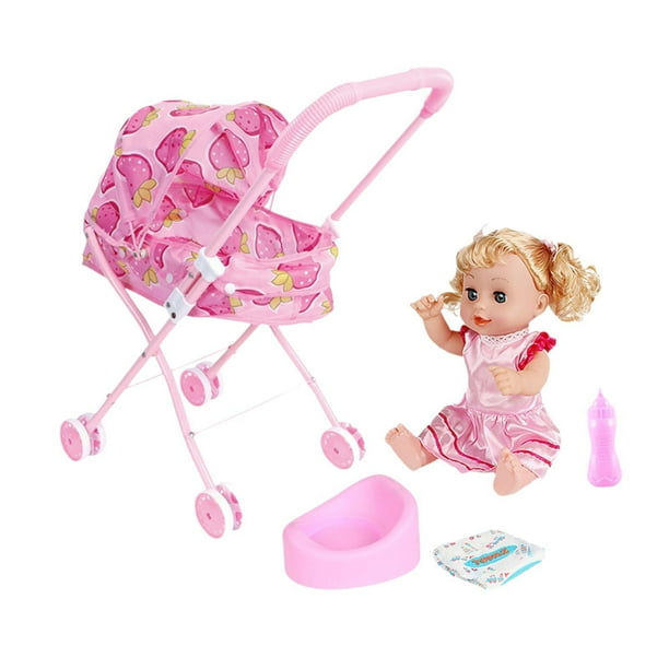 Cochecito de muñeca y biberón para cama de pañales, 5 piezas, con muñeca, juguete de simulación para niños, bebés, edades de 0 a 2 años Fresa