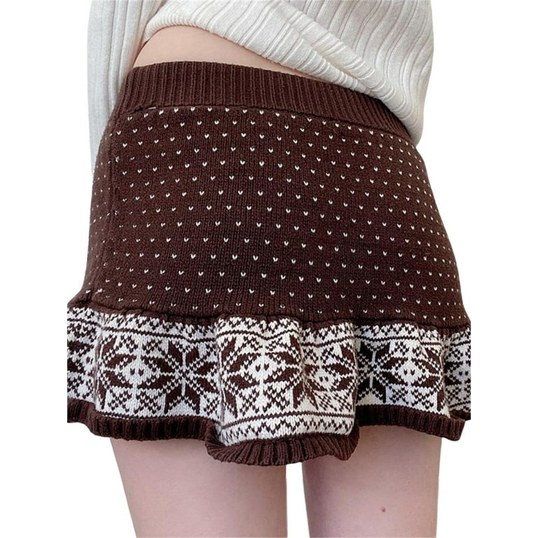 Gureui Women Knitted Mini Skirt Vintage Plush Trim Patchwork Low