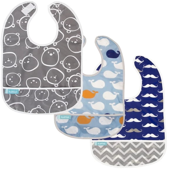 Kushies Cleanbib Waterproof 3 Pack Boy Blue, whale, Bear, Mustache
