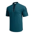 thumbnail image 1 of Camisa hippie con cuello en V y lazo para hombre - Diseño con pliegues acampanados en la parte delantera, lino, ropa de playa/club, tallas S-XXXL, 1 of 4