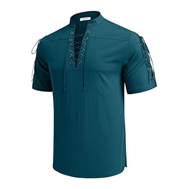 Camisa hippie con cuello en V y lazo para hombre - Diseño con pliegues acampanados en la parte delantera, lino, ropa de playa/club, tallas S-XXXL