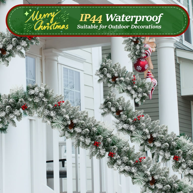 2 Pack 9ft Pre-Lit Snow Flocked Christmas Garland with 160 LED Lights w/ 8 Modes & Timer for Outdoor Indoor Xmas Decoration Fireplace Mantle Stairs Doorway Railings Decor, Battery Operated