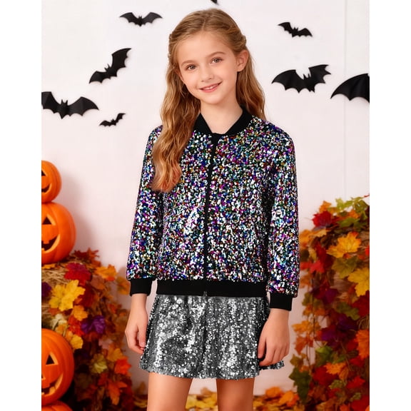 CARETOO Girls' Sequin Bomb Jacket Shiny Set Long Sleeved Zipper Bright Color for Girls' Kid Birthday Concert Varsity Jacket
