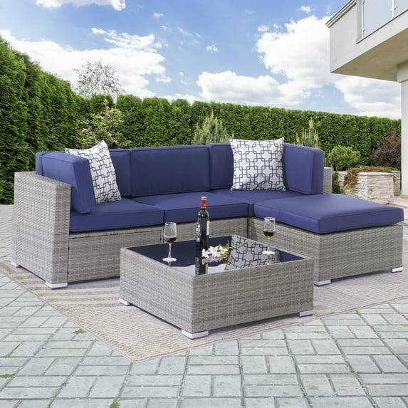 CHYVARY 5 Pcs Outdoor Conversation Lounge Sectional Couch Set,PE Wicker Rattan Woven,Washable Sponge Cushions with Tea Table,Gray&Blue