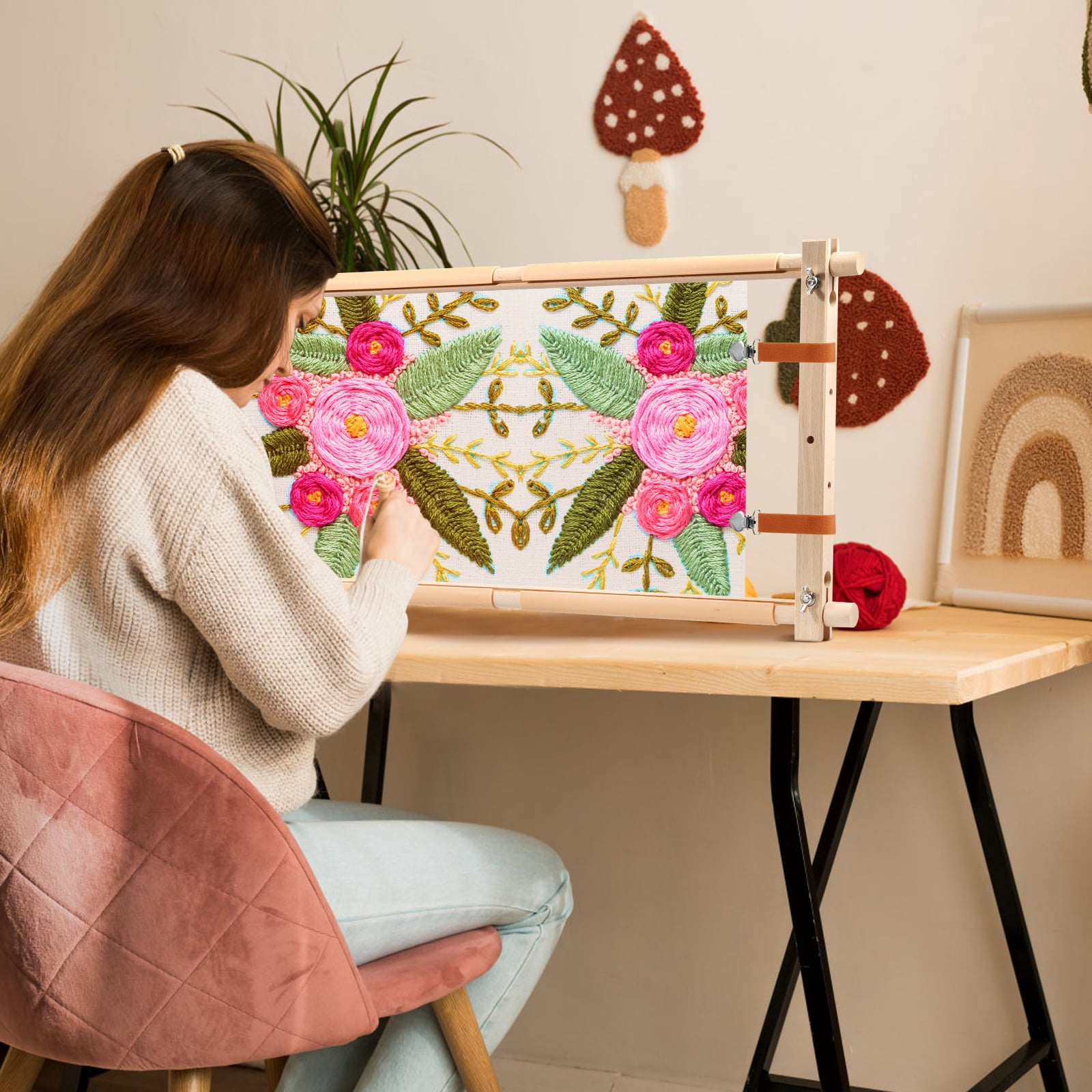 Ikoopy Embroidery Scroll Frame Wooden Cross Stitch Scroll Frame Rotated Needlepoint Embroidery Tapestry Scroll Frame Adjustable Needlepoint Stretcher Frame for Embroidery 12 x 21inch