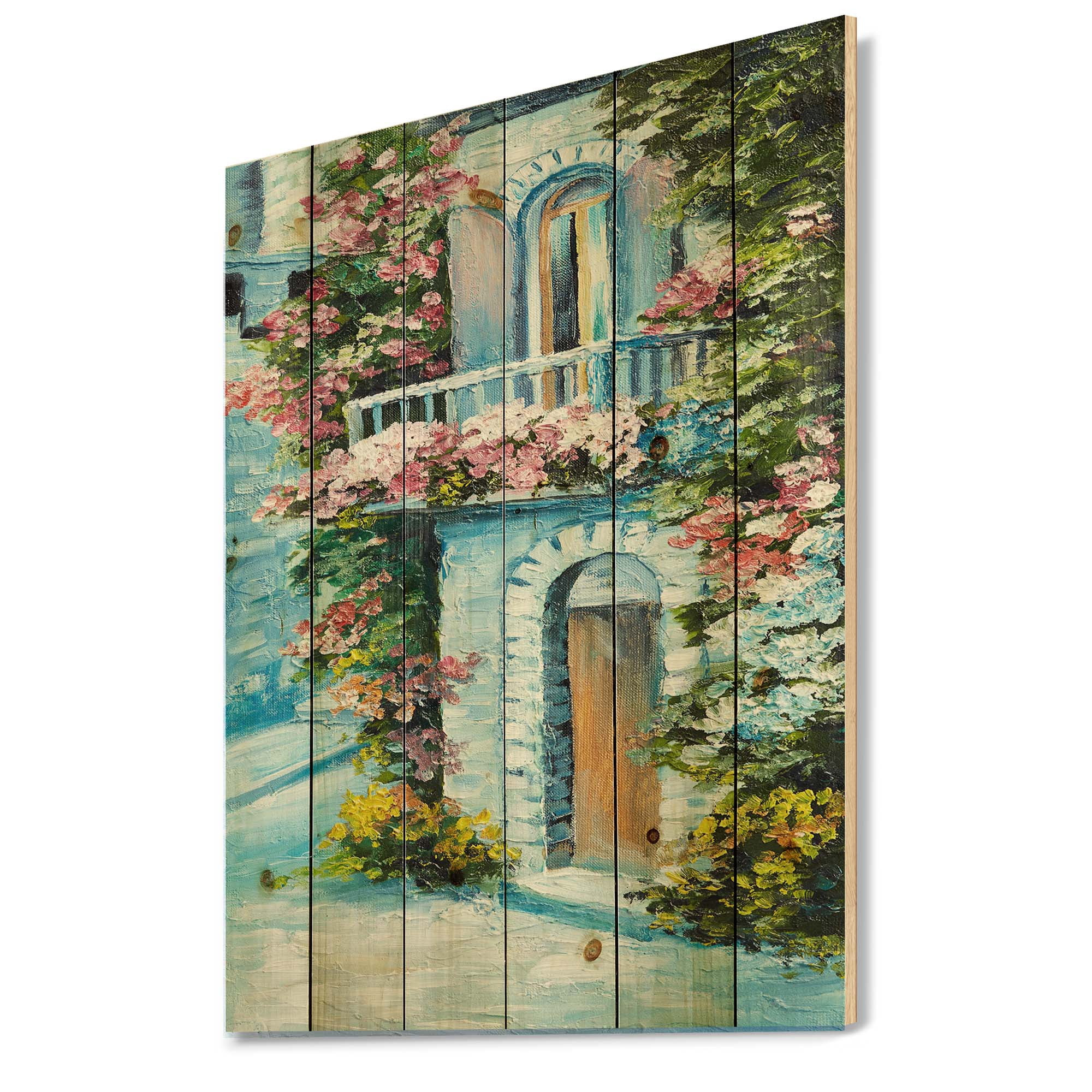 Designart 'House With Colorful Flowers Near The Sea II' Traditional Print on Natural Pine Wood