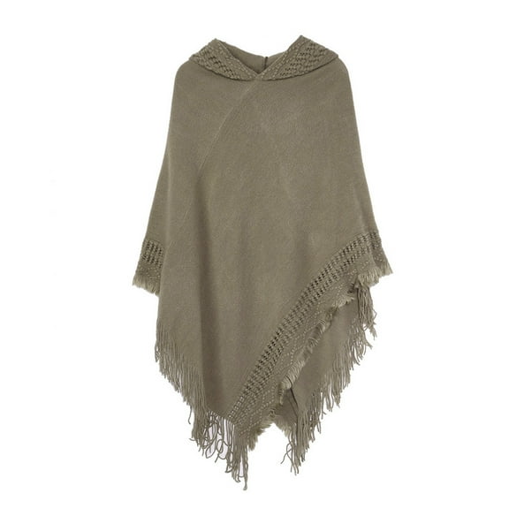 Women Winter Warm Knitted Hooded Poncho Solid Color Crochet Fringed Shawl Wrap Oversized Pullover Cloak Sweater Top