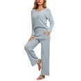 thumbnail image 4 of INSPIRE CHIC Women's Lounge Ribbed Knit V Neck Long Sleeve with Pants Pajamas Casual Sleepwear Pajamas Sets S Blue, 4 of 6