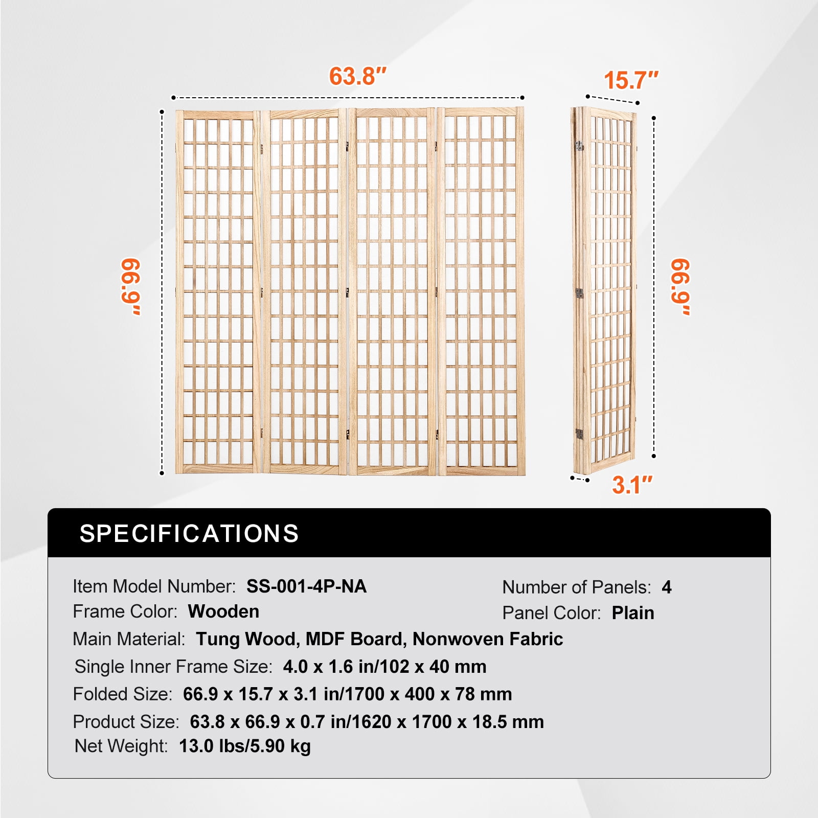 KFFKFF 4-Panel Japanese Style Room Divider, Folding Privacy Screen for Indoor Use, Portable Partition for Room Separation, Home, Office, Restaurant, and Bedroom Decoration (Natural)