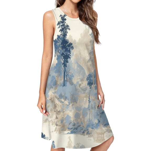 Chinoiserie Toile Blue Trees Vintage Spring Summer Dresses For Women Fashion Dress Casual Sleeveless Loose Sundress With Pockets