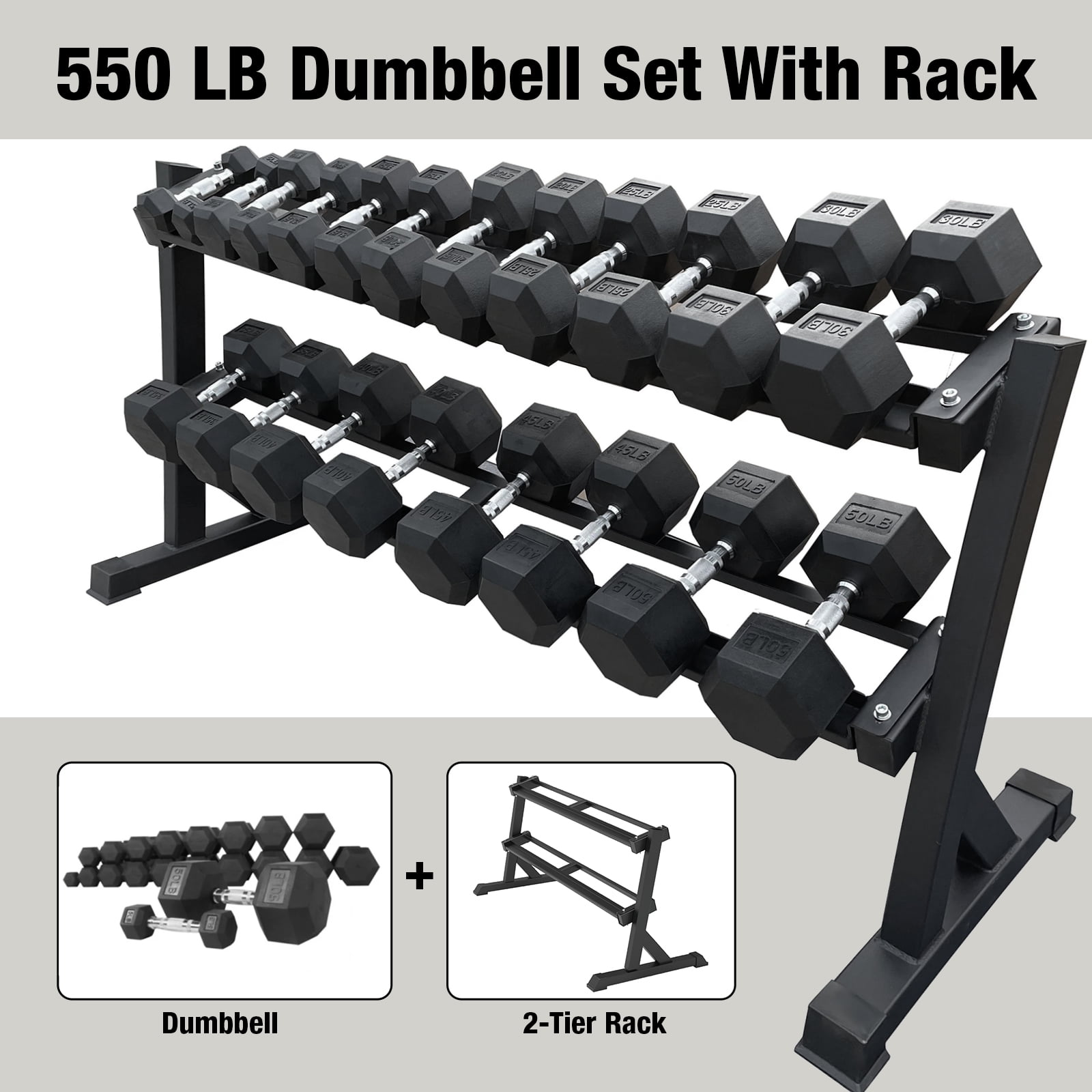 5–50 lbs Dumbbells Weight Set (10 Pairs) with Weight Storage Rack, 550 lbs Hex Dumbbell Sets, Gyms Weights Dumbbells Sets with Rack, Weight Set for Home Gym, Strength Training