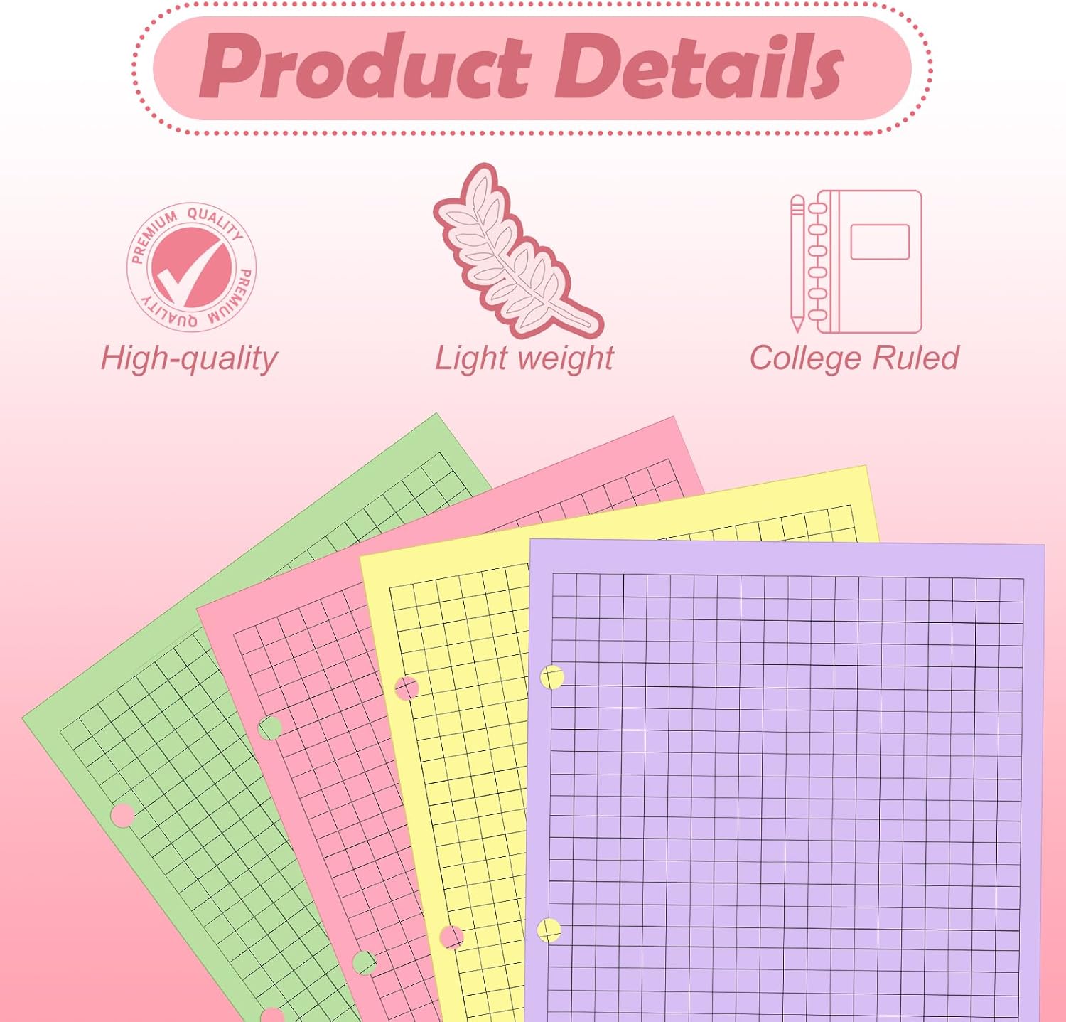 200 Sheet Half Letter Dotted Refill Paper - 3 Hole Punch, 5.5 X 8.5 Inches, College Ruled Dot Grid, 4 Colors
