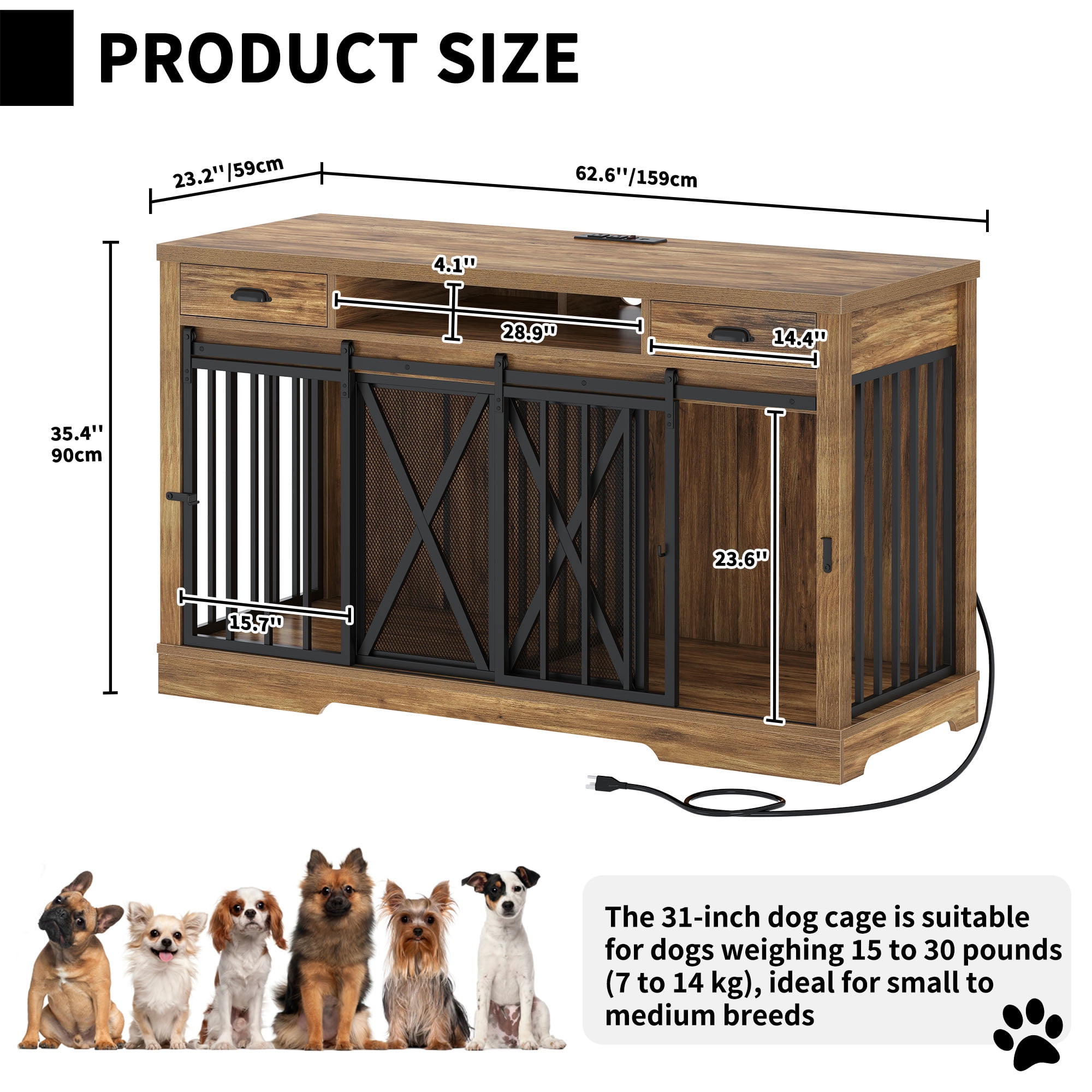 Dextrus Double Large Dog Crate Furniture TV Stand with Charging Station, 63in Rustic Heavy Duty Metal Wooden Dog Crate and Kennel for Small Medium Large Dogs