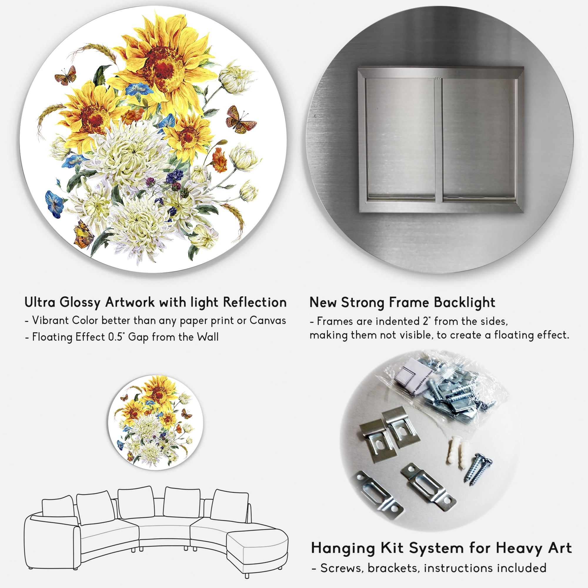 Designart 'Ancient Chrysanthemums and Sunflowers' Traditional Circle Metal Wall Art 11x11 - Disc of 11
