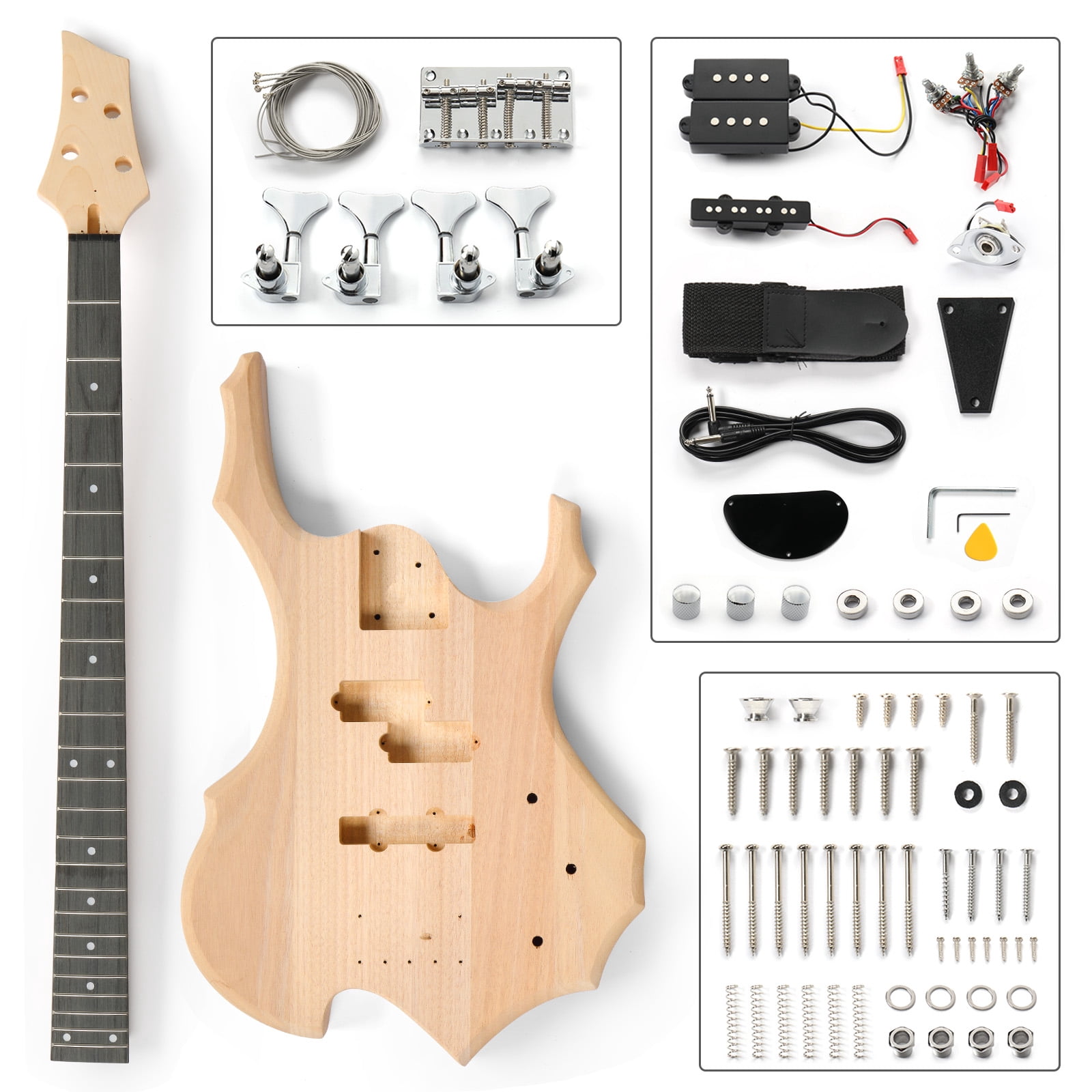 Ktaxon DIY Electric Bass Guitar Kits 4 String with Mahogany Body, Ebony Fingerboard and Maple Nec - Flame