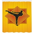 thumbnail image 3 of Kung Fu Shower Curtain, Grunge Silhouette of Kicking Man on Nested Line Squares, Fabric Bathroom Set with Hooks, 69W X 75L Inches Long, Charcoal Grey Vermilion Earth Yellow, by Ambesonne, 3 of 3
