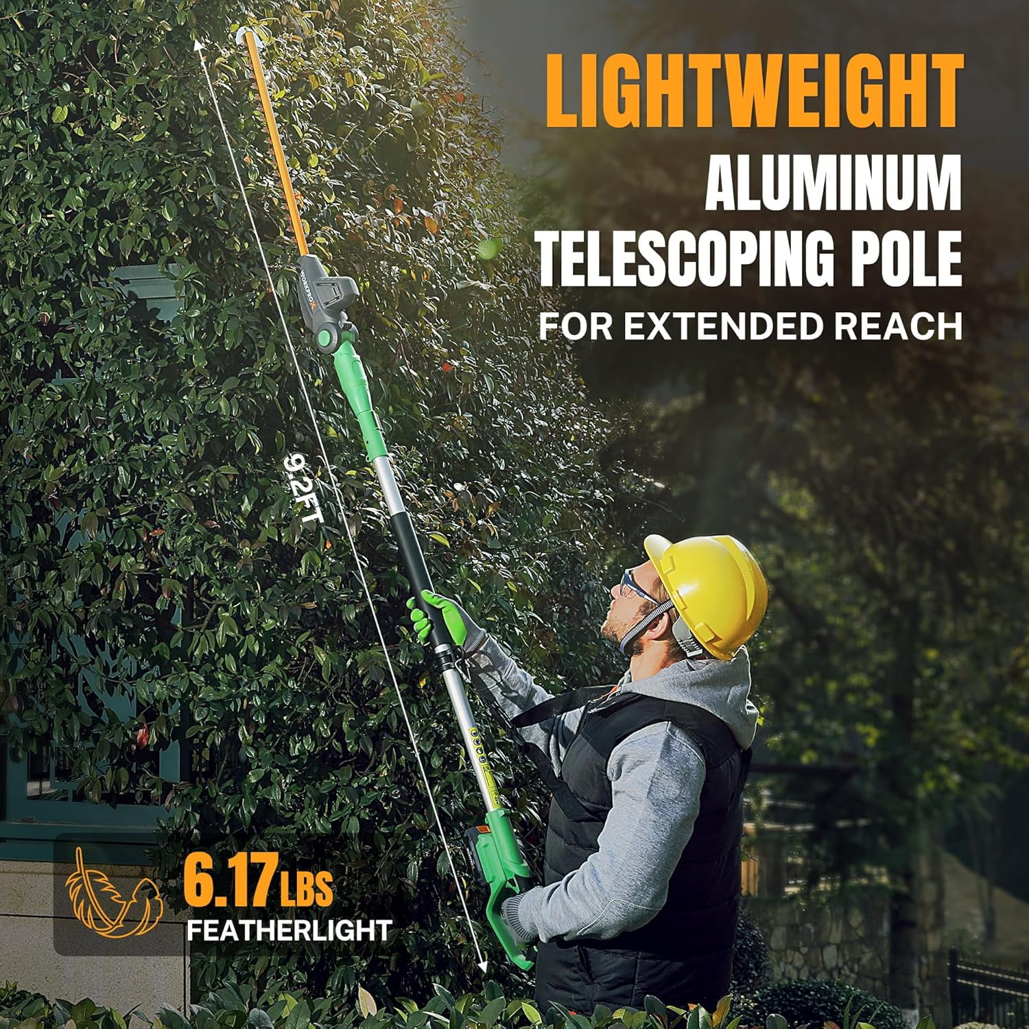 WORKPROX 20V Cordless Pole Hedge Trimmer, 9.2 ft Reach, 11-Angle Adjustable Head with Extension Pole, 2.0Ah Battery Included