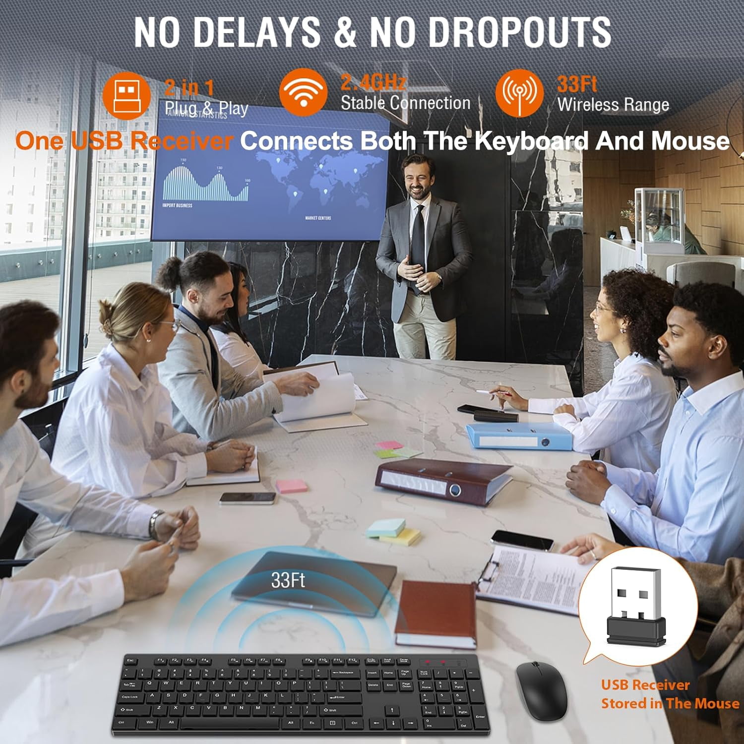 Wireless Keyboard and Mouse Combo, Silent Full Size Cordless USB Keyboard Mouse, 2.4GHz Lag-Free, Long Battery Life, for Computer, Laptop, PC, Chromebook, Windows (Black, 1 Pack)