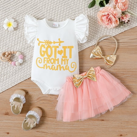 

PatPat Mother s Day 3pcs Baby Girl Birthday Tutu Skirt Letter Print Flutter-sleeve Romper and Layered Skirt With Headband Set