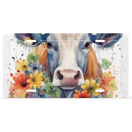 GZHJMY Car License Plate Cover and Frame, Flower Cow Watercolor Sublimation Clipart Aluminum Auto Tag, Car Plate Frame Decorative Plaque Stylish Car Accessories