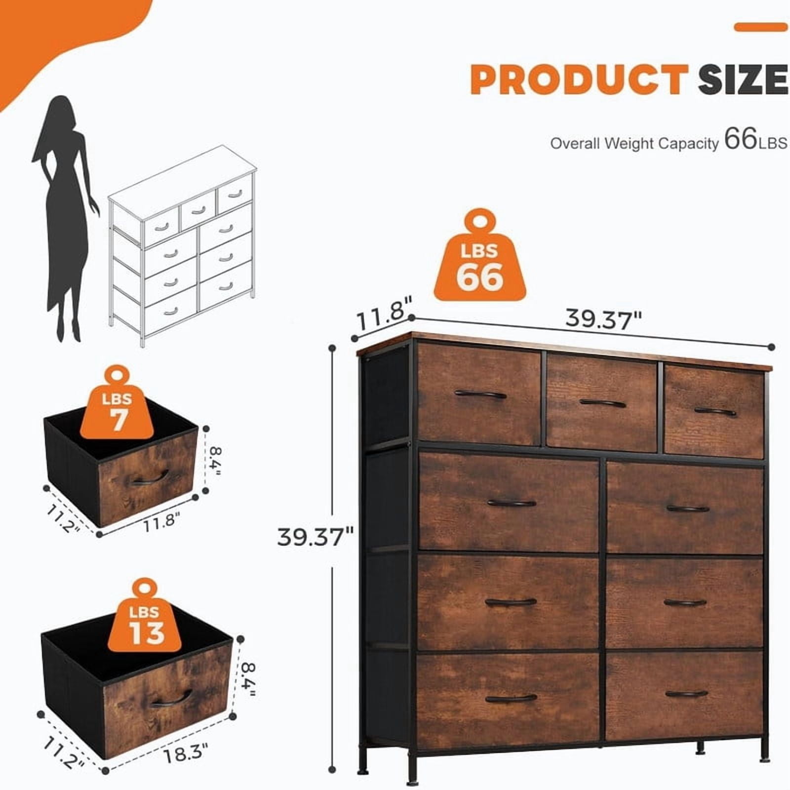 Kelno 9 Drawer Fabric Dresser Tall Storage Chest Drawer Organizer Storage Cabinet, Rustic Brown
