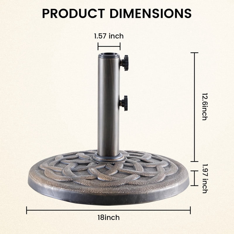Gianna 18 Inch Umbrella Base - 2 Manual Knobs, 30 LBS Resin Base, 2 Adapters, Weather-Resistant, Bronze Powder-Coated Construction for Outdoor Umbrellas