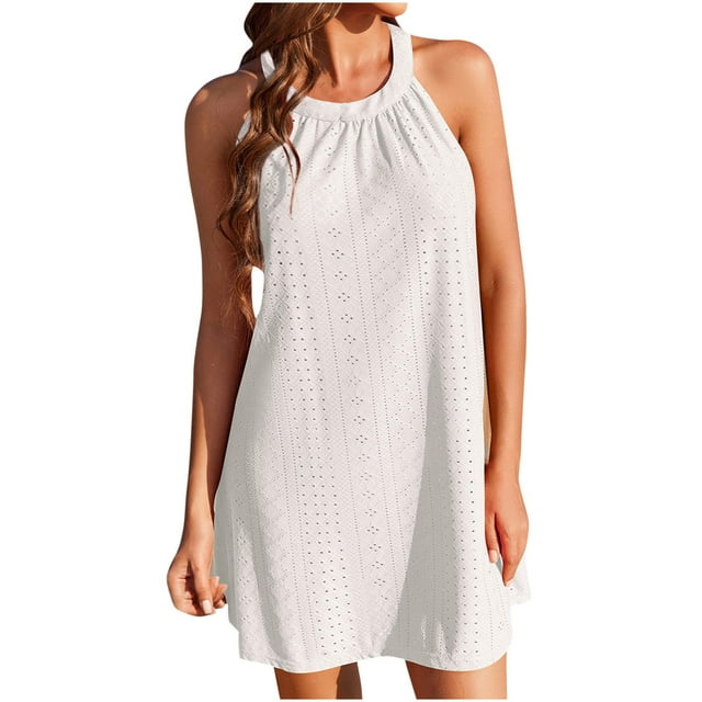 DPTALR Robes Sans Manches pour Femmes Fête des Mères Dos Nu Creux Couleur Unie Été Amincissant Jupe Courte