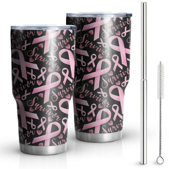 30oz Breast Cancer Survivor Pink Ribbon Black Tumblers Stainless Steel Tumbler with Lid and Straw,Vacuum Insulated Double Wall Travel Tumbler Cups Mug with Cleaning Brush for Coffee,Tea