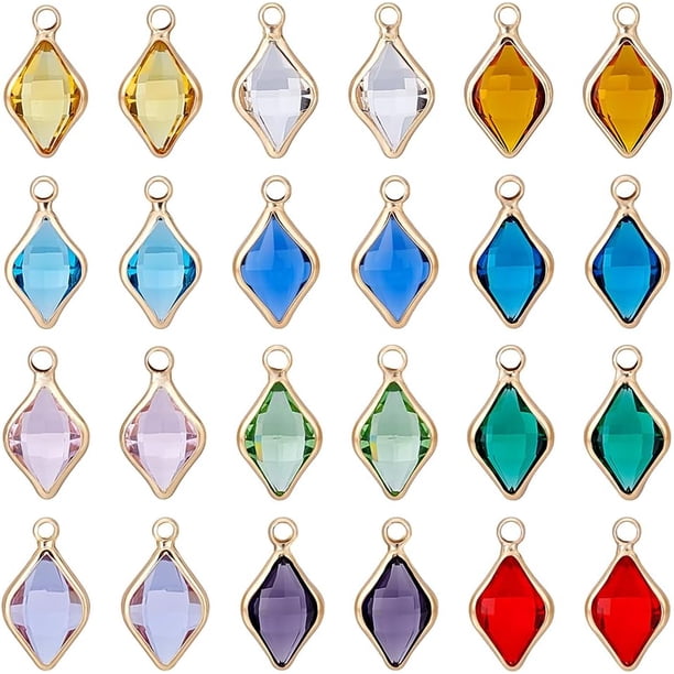 24 colgantes de rombos de cristal de 12 colores, transparentes, con borde de latón dorado, facetados, de 19,5 mm.