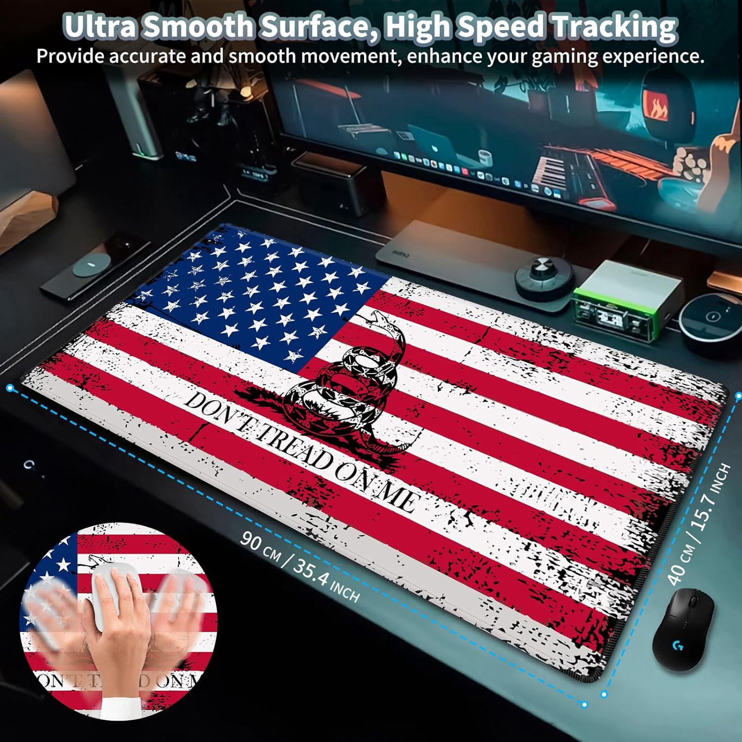 Big Gaming Mouse Pad, Extended 35.4" X 15.75" in Desk Pad for Keyboard and Mouse, Computer Keyboard Mouse Mat 3mm Thick XXL Rubber Mousepad for Laptop Gamer, Gadsden Flag