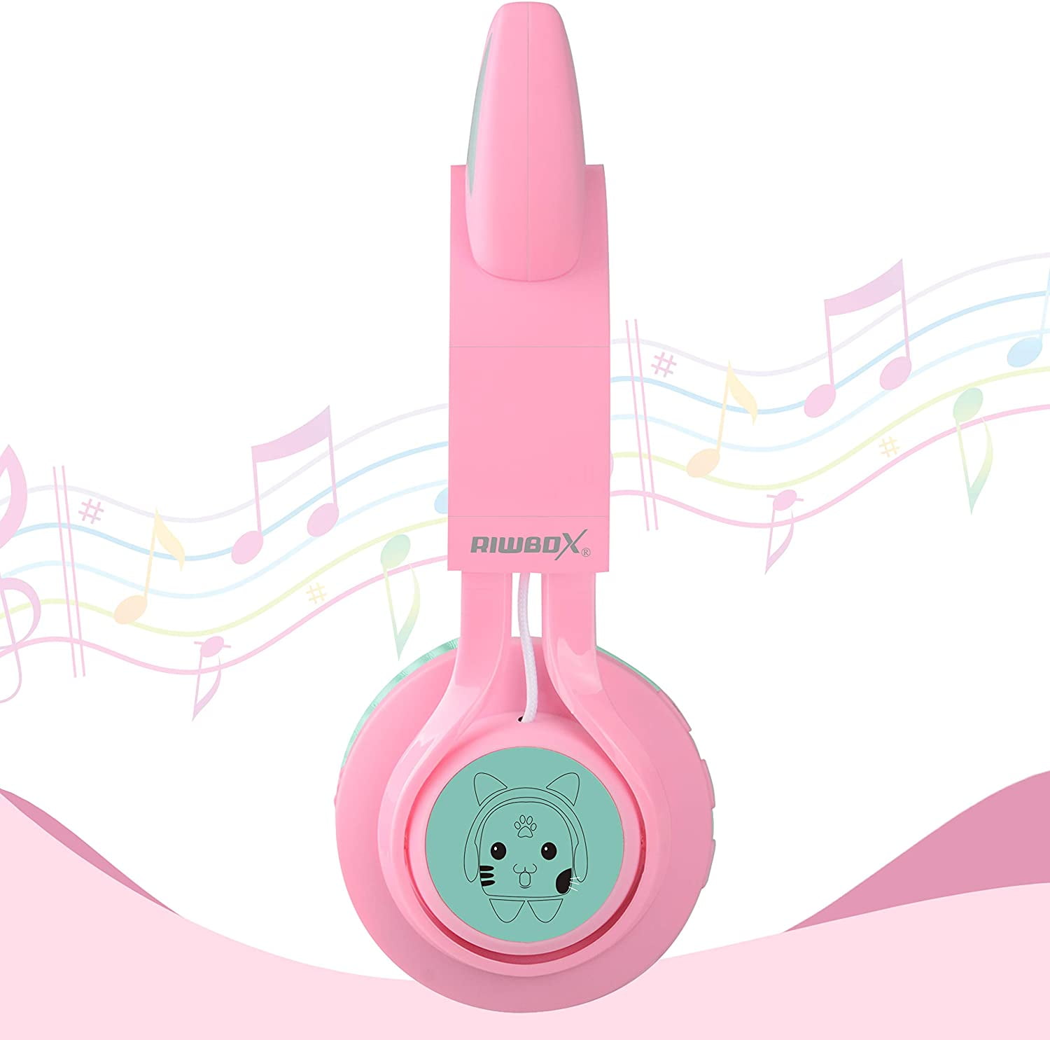 Riwbox Bluetooth Headphones, Riwbox CT-7 Cat Ear LED Light Up Wireless Foldable Headphones Over Ear with Microphone and Volume Control for iPhone/iPad/Smartphones/Laptop/PC/TV (Pink&Green)