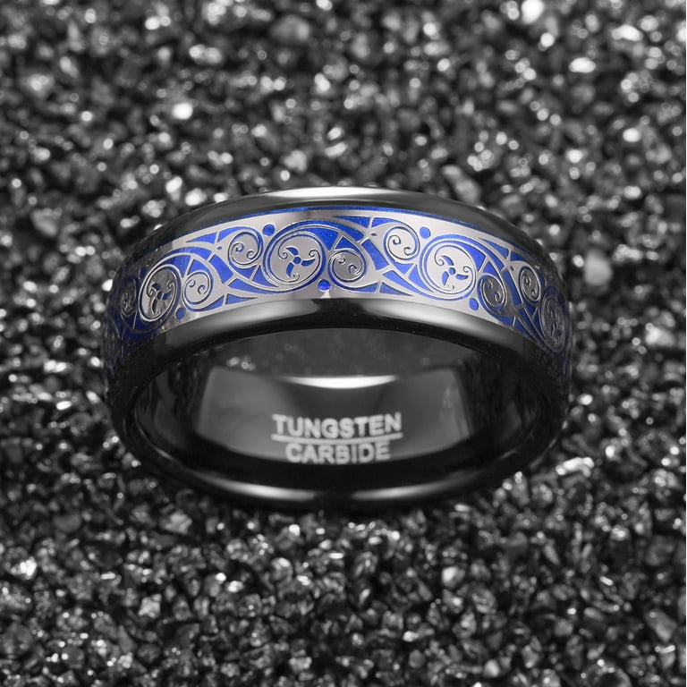 Store Tungsten Wedding Ring, Black and Blue Double Groove Ring, 8mm Personalized Tungsten Ring,Comfort Fit Ring, Unisex Ring, Classic Dome Ring