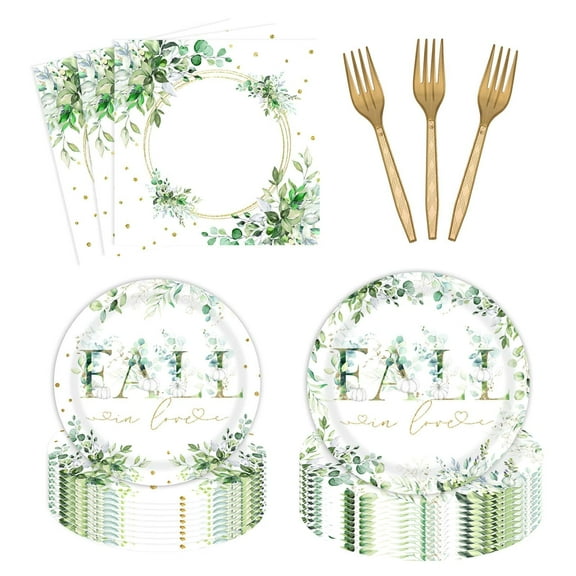 96pcs Fall in Love Party Plates AFN1and Napkins Set, Greenery Eucalyptus Leaves Pumpkin Party Supplies Decorations Wedding Anniversary Bridal Shower Disposable Paper Dinnerware Kit Serves 24