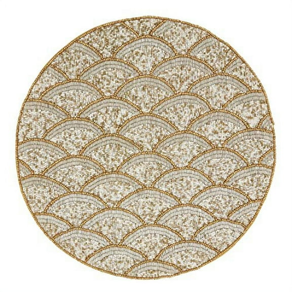 Fennco Style Hand Beaded Scallop Holiday Placemat 15" Round, 1-Piece - Gold Table Mat for Home Décor, Family Gathering, Banquets, Weddings and Special Occasion