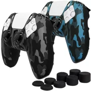 Fosmon Non-Slip Skin Protective Case Cover Compatible with Playstation PS5 DualSense Controller (2 Pack - Camo Black/Blue), Sweat Proof Silicone Rubber Gel Skin with 8 Thumb Grips Analog Cap