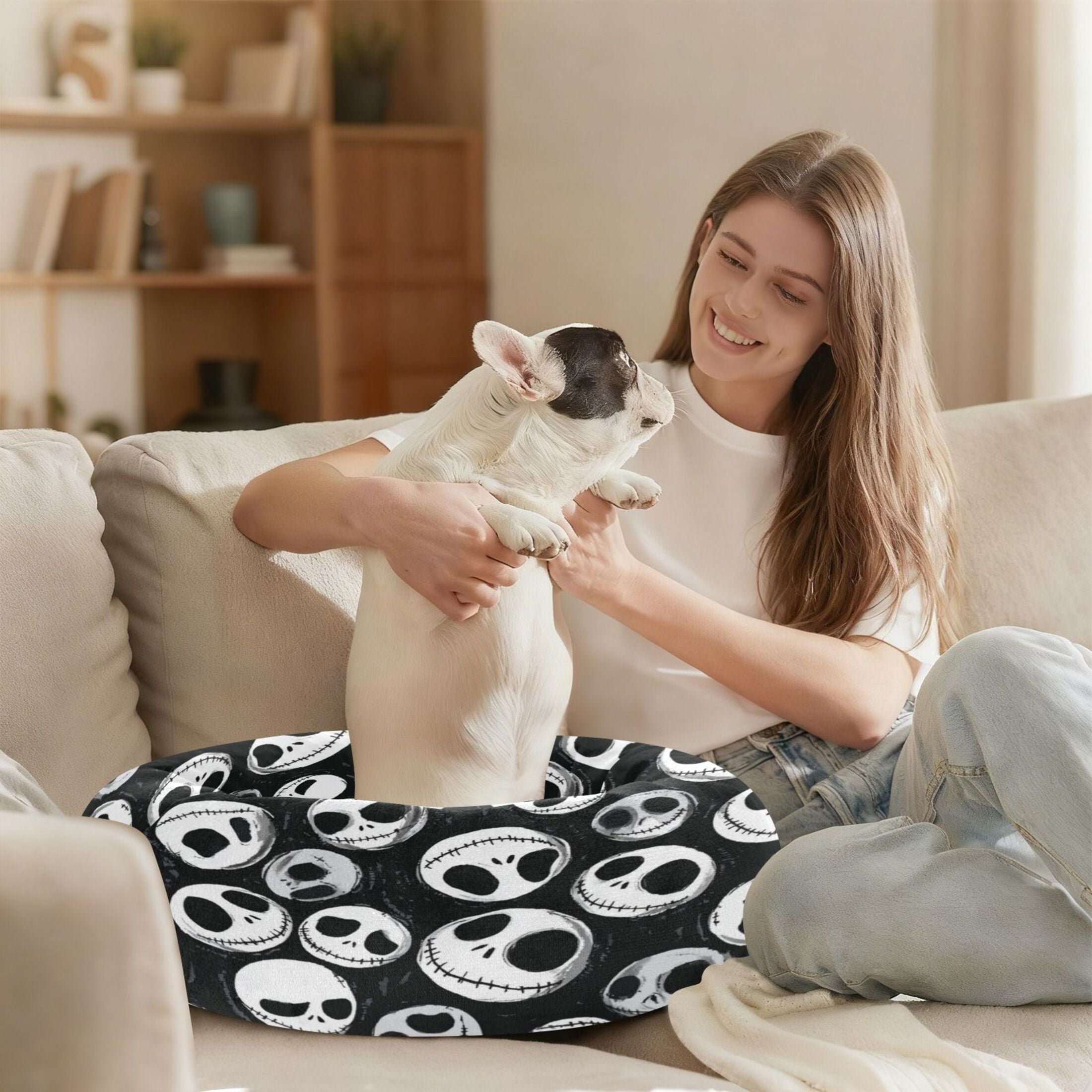 Iauyy Pet Couch Donut Cat Bed for Indoor Cats/Small Dogs Washable & Machine with Non-slip Bottom Calming Cat Furniture, Big Eyes (M)