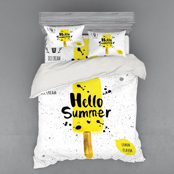 Ice Cream Duvet Cover Set, Hello Summer Phrase with Lemon Flavor and Watercolor Splashes Print, Bedding Set with Shams and Fitted Sheet, 3 Sizes, by Ambesonne