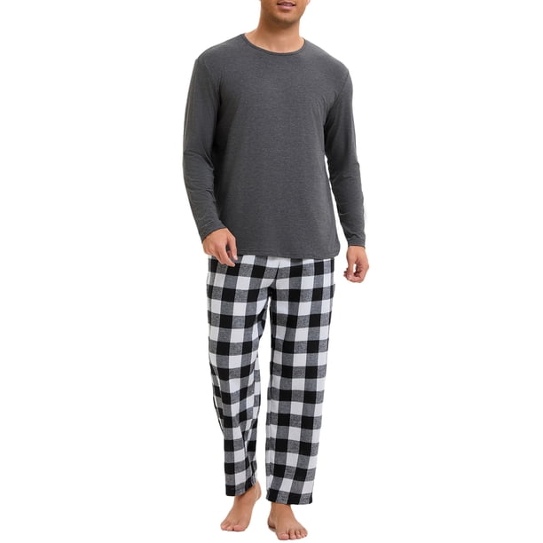 INSPIRAR CHIC Conjunto de Pijamas de Dos Piezas para Hombre, de Manga Larga, Color Sólido, Patrón de Cuadros, Negro y Blanco