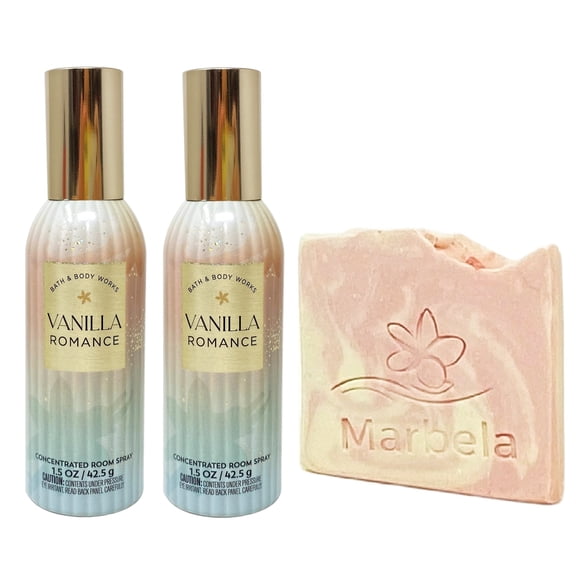 Bath & Body Works Vanilla Romance 2 Pack Concentrated Room Spray Bundle with a Marbela Himalayan Salts Springs Sample Soap